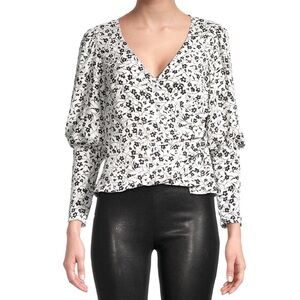 ASTR romantic floral monochrome regency victorian puff sleeve wrap blouse